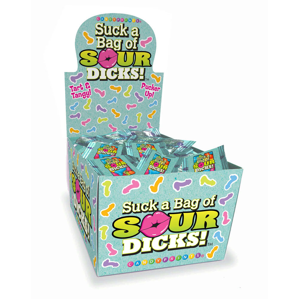 Suck A Bag Of Sour Dicks Counter Display - Sour Fruit Flavoured Lollies - Counter Display of 100 Party Packs Little Genie